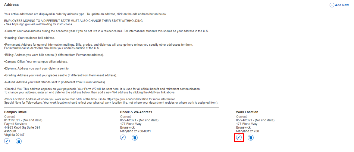 screenshot of edit or delete available addresses or add new