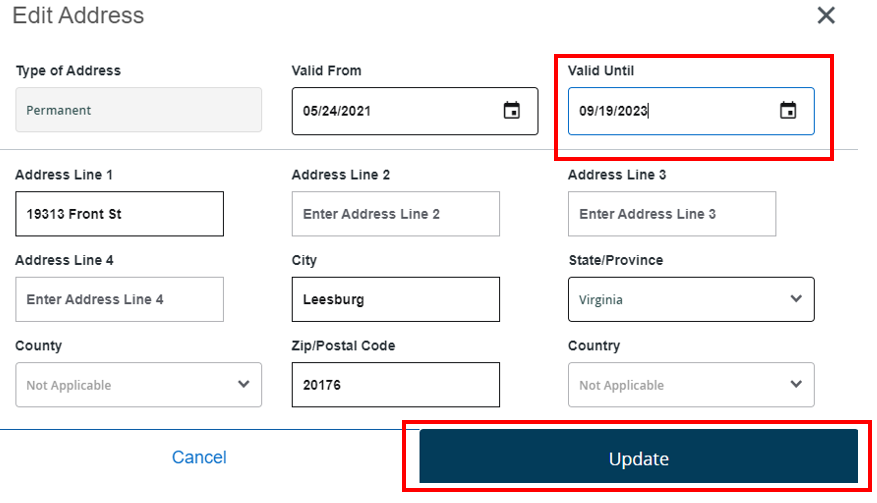 screenshot to edit address with red boxes around valid until date and update