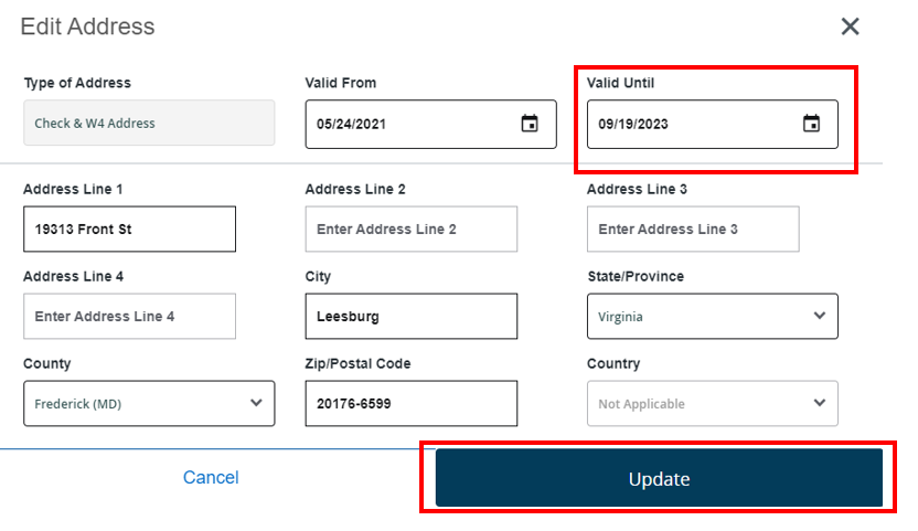 screenshot of edit address box with red boxes around valid until and update