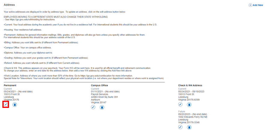 Screenshot of address with red box around edit button for permanent address