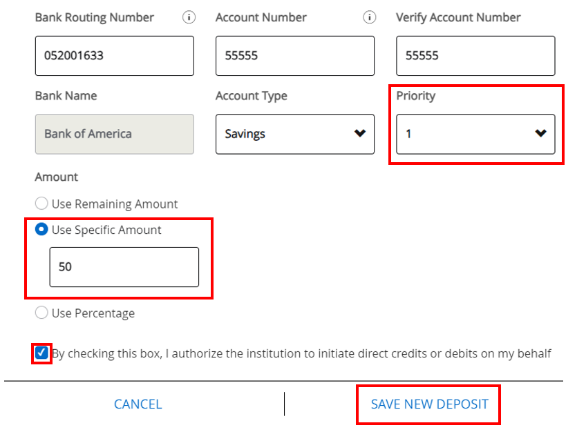 screenshot of adding a subsequent bank account with red boxes around priority 1, Use specific amount radio button, checking the box for authorization, and save new deposit