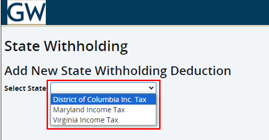 Screenshot add new state withholding deduction with red box around select state options