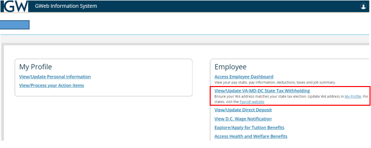 Screenshot gweb home screen with red box around view/update VA MD DC withholding