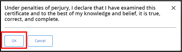 Screenshot of certification statement with red box around ok
