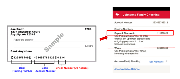 screenshot of sample check and mobile app routing number