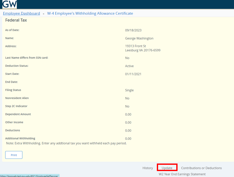 Screenshot of W4 Employee's Withholding Certificate with red box around update