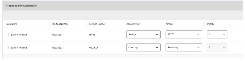 screenshot of proposed pay distribution with 2 accounts