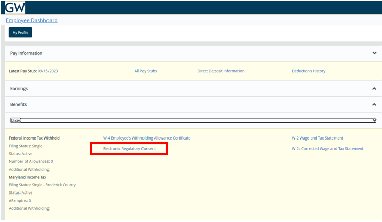 Screenshot Taxes section of employee dashboard with red box around Electronic Regulatory Consent