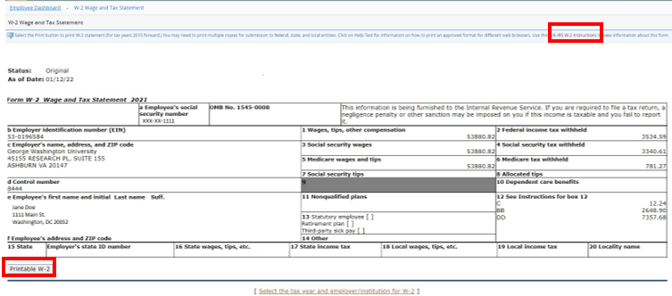 Screenshot w-2 wage and tax statement with red box around printable w2