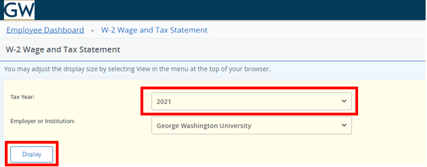 Screenshot w-2 wage and tax statement with red boxes around tax year selection and display