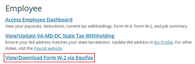 Screenshot of GWeb Employee screen with red box around View Download Form W-2 via Equifax