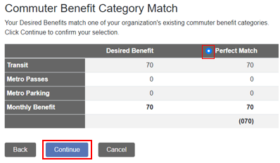 Screenshot commuter benefit category match with red boxes around perfect match selection and continue