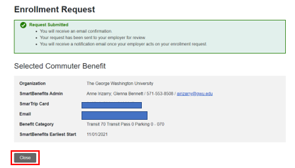 Screenshot confirmation of request submitted with red box around close