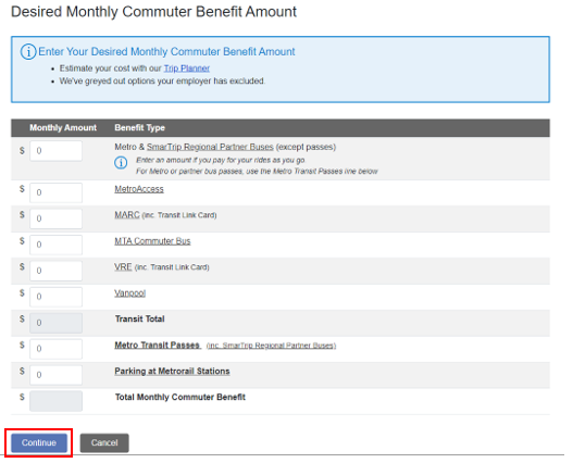 Screenshot desired monthly commuter benefit amount with red box around continue