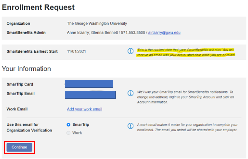 Screenshot enrollment request review with red box around continue