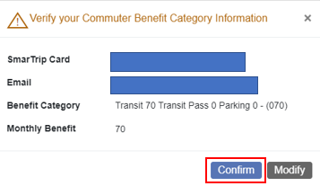 Screenshot verify commuter benefit category with red box around confirm