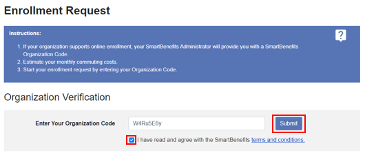 Screenshot wmata smartbenefits enrollment request with red box around check box and submit