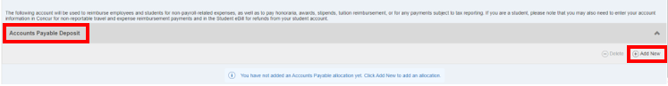 Screenshot accounts payable deposit with red box around accounts payable deposit and Add New