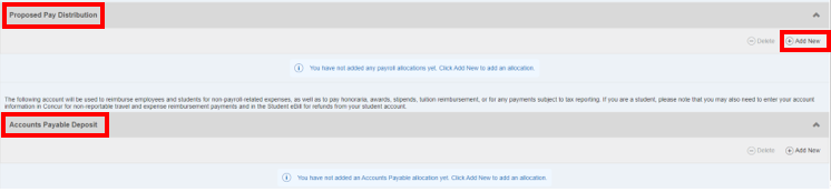 Screenshot direct deposit proposed pay distribution and accounts payable deposit