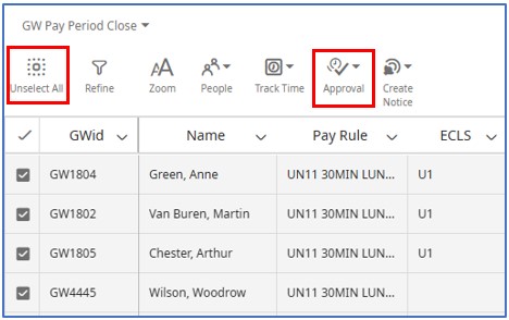 TRS_GW Pay Period Close approval selection GW Pay Period Close menu with select and approval button