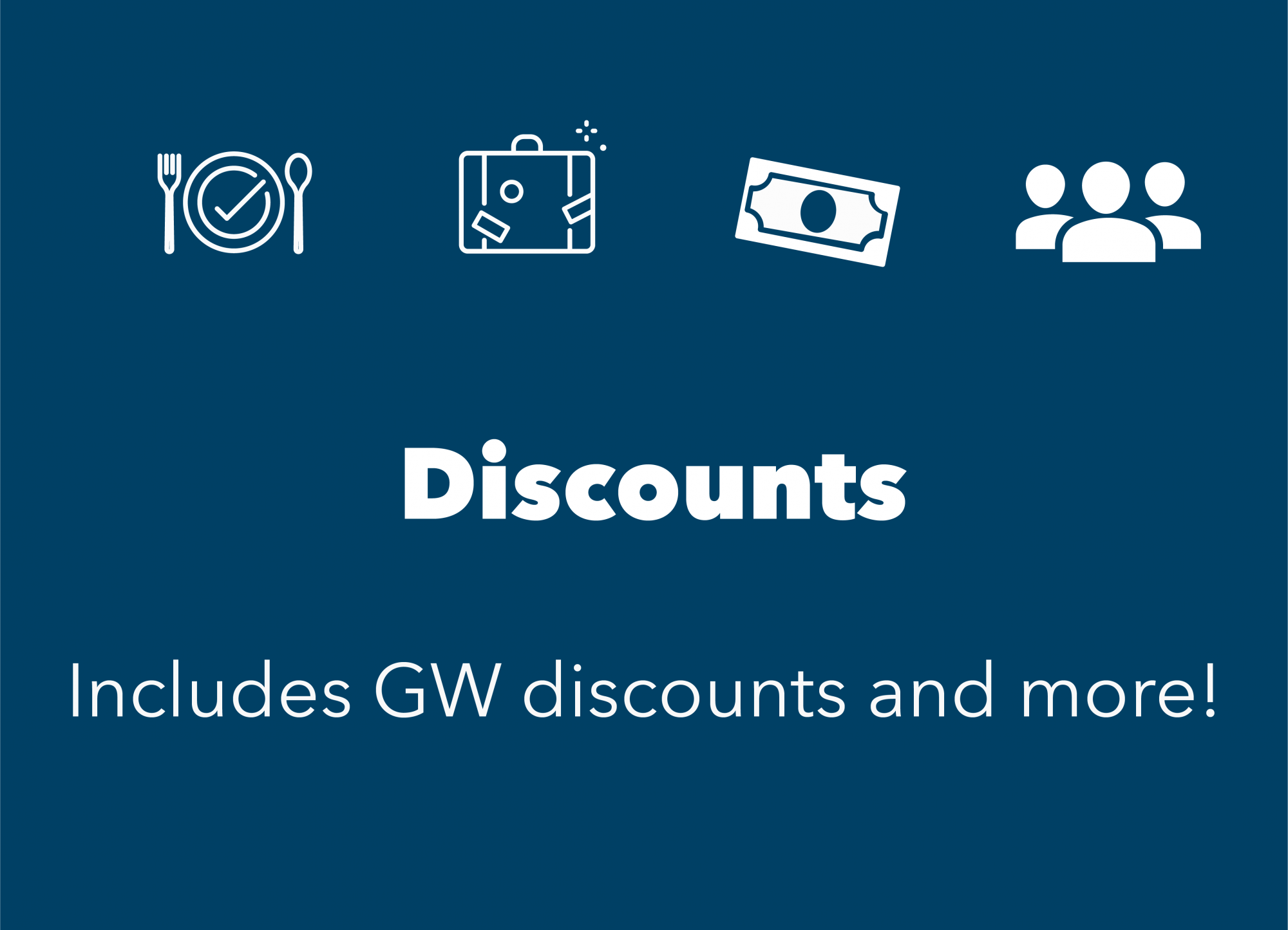 Blue box with white ticket and money icons for discounts. Text reads discounts, GW discounts and more