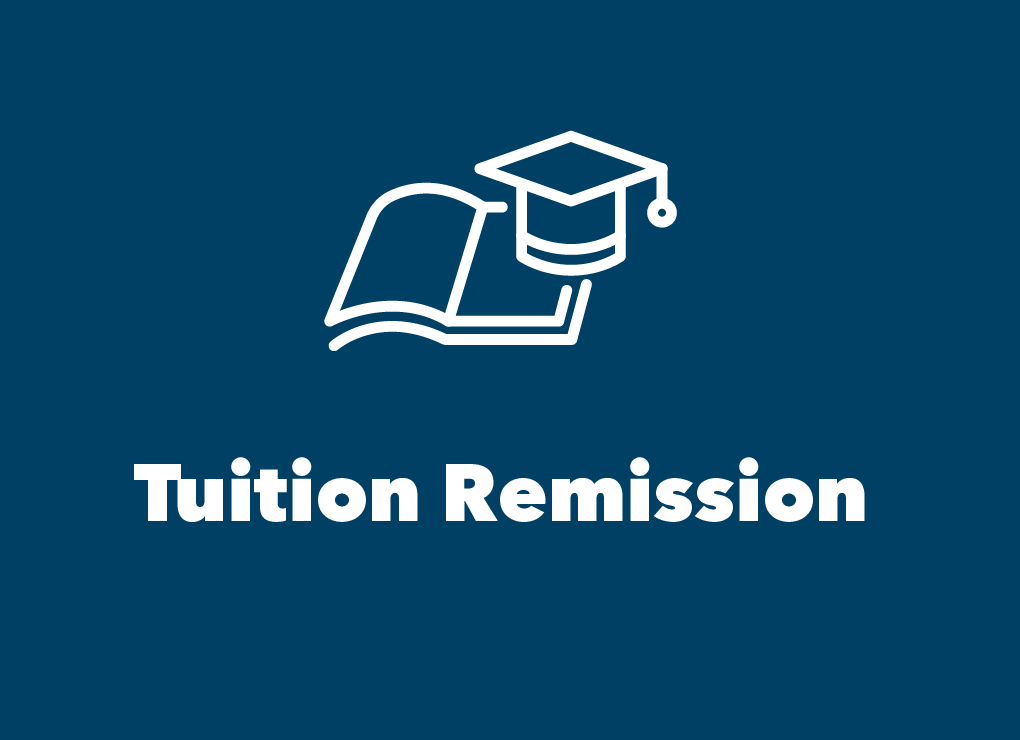 Blue box with white graduation cap. Text says Tuition Remission