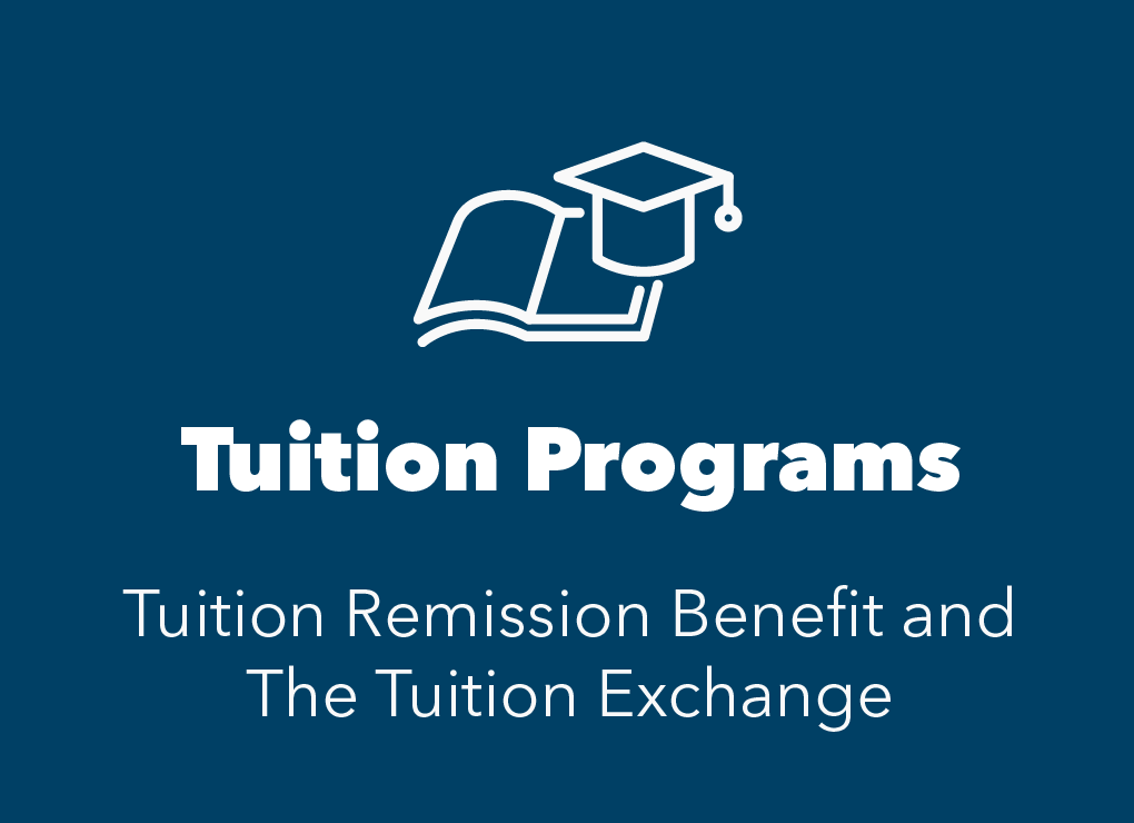 Blue box with white icon of tuition cap. Text reads tuition programs. Learn about tuition remission and tuition exchange.