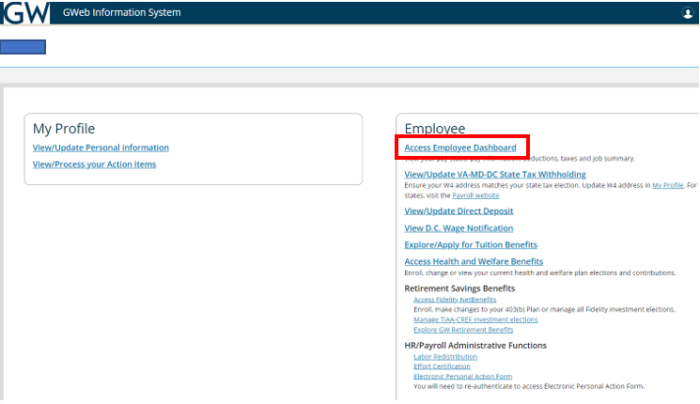 Screenshot of GWeb initial screen with red box around Access employee dashboard