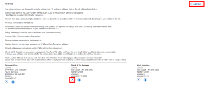 screenshot of add or edit address section with red boxes around Add new and Edit W4 address