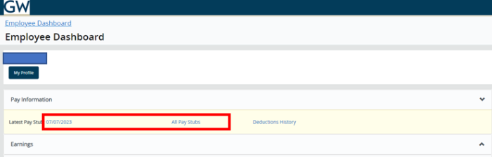 Screenshot of employee dashboard with red box around pay stub selection options