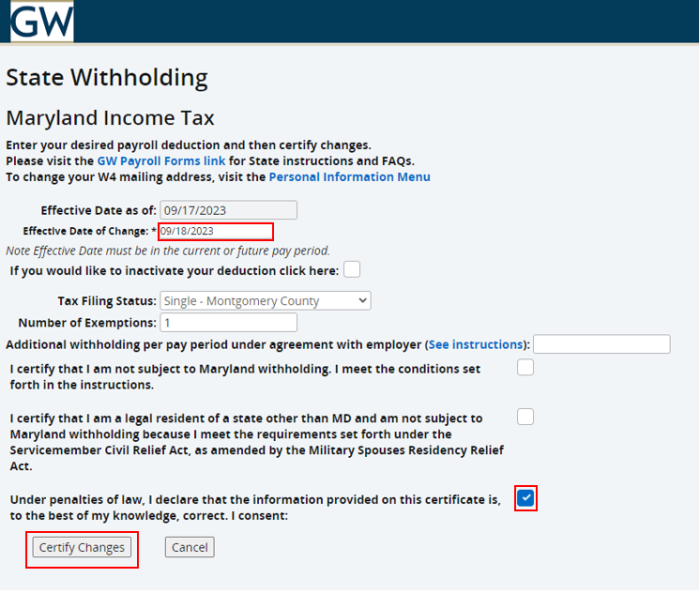 Screenshot MD income tax selections with red boxes around effective date, consent checkbox, and certify changes