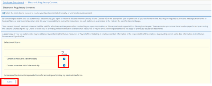 Screenshot of Electronic Regulatory Consent with red box around checkboxes and submit