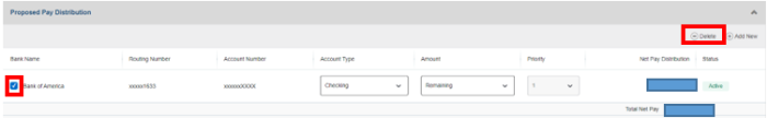 screenshot of proposed pay distribution with red box around checkbox and delete