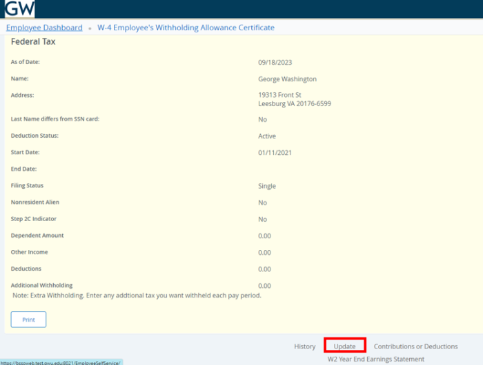 Screenshot of W4 Employee's Withholding Certificate with red box around update