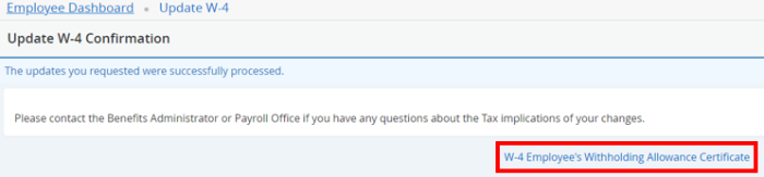 Screenshot update w4 confirmation with red box around w4 employee's withholding certificate