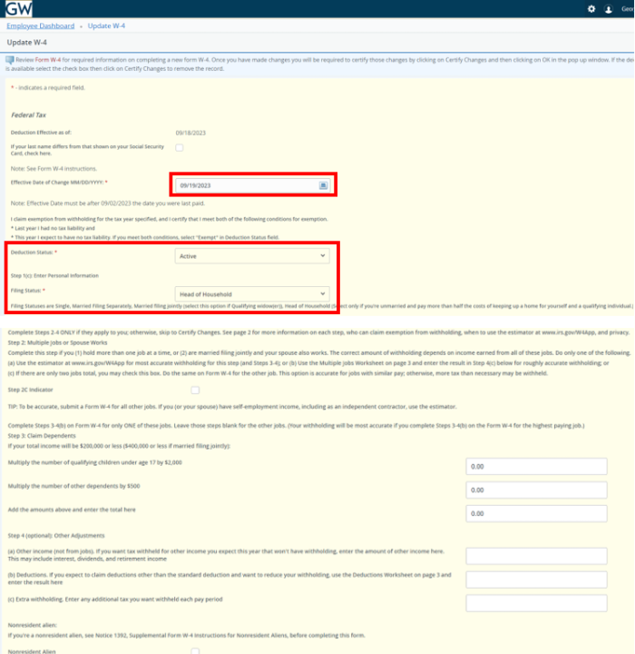 Screenshot Update W4 with red boxes around effective date of change, deduction status, and filing status