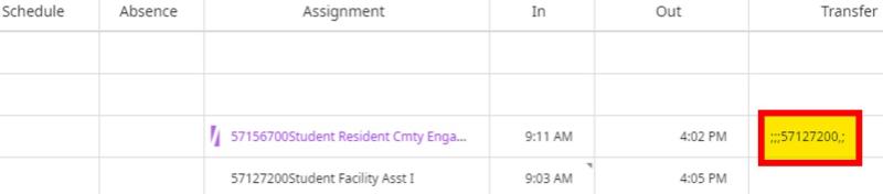 time card with job transfer in transfer column for the secondary position