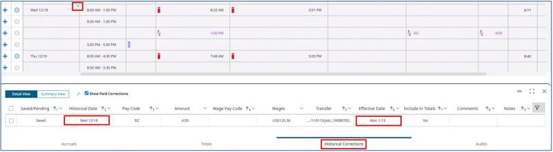image of historical corrections tab and section open