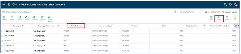 FWS dataview showing the fws balance in the third column. Select share button to right hand upper corner to export.