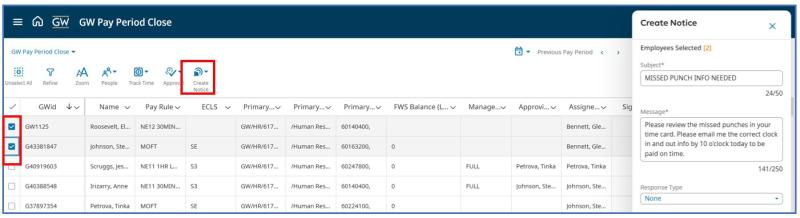 Select create a notice button from dataview to send a message 